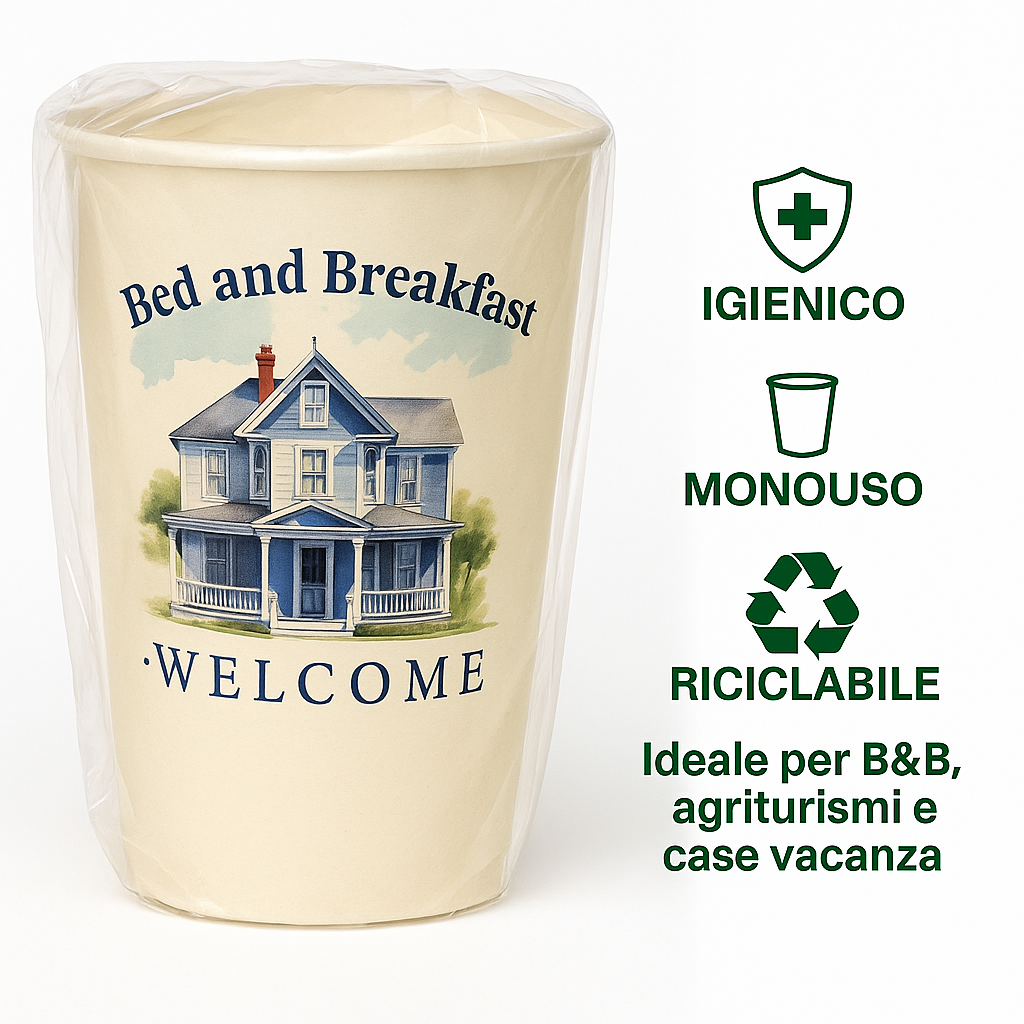 Eleva l'ospitalità del tuo B&B con il Bicchiere Personalizzato Welcome di MeCup imbustato singolarmente