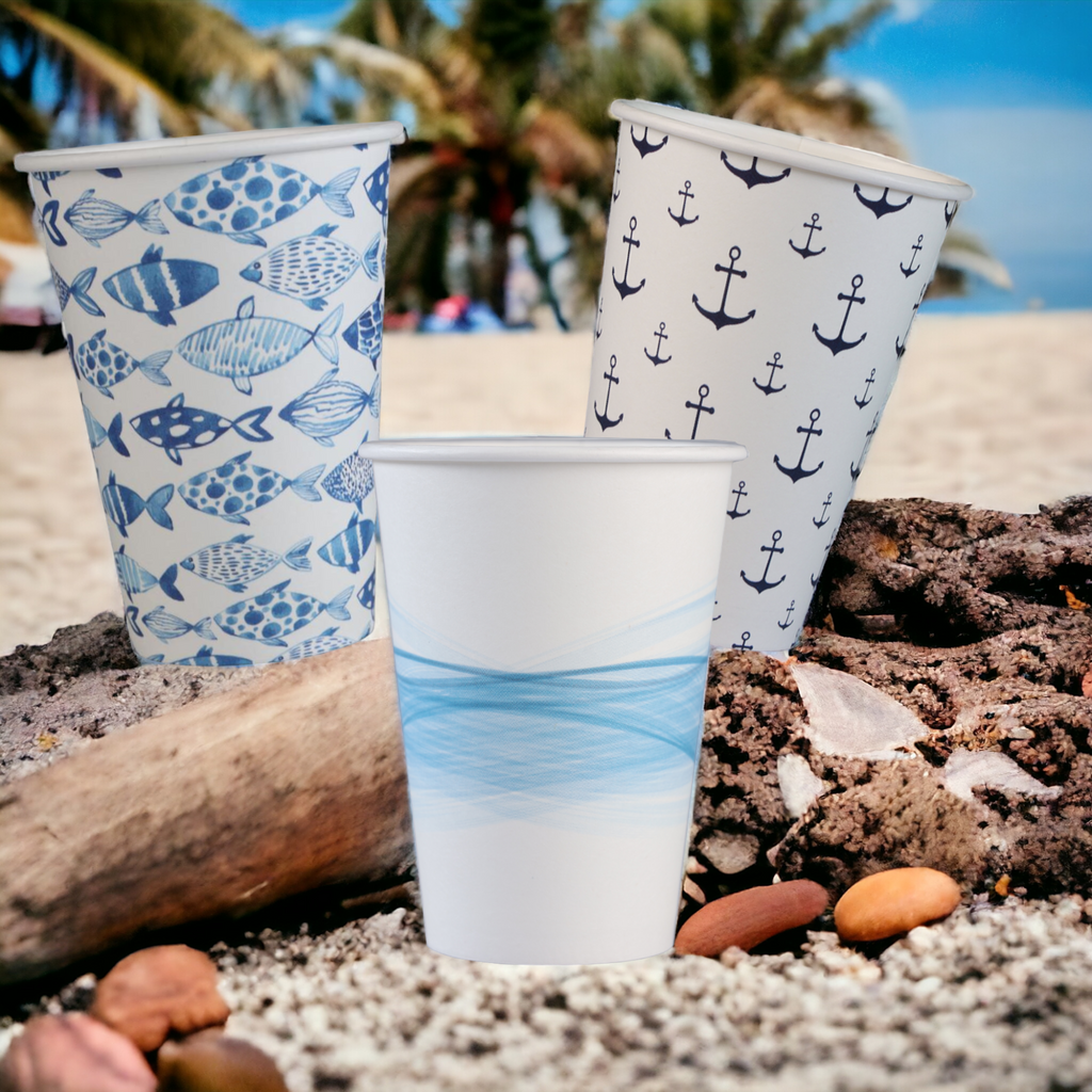 Bicchieri Monouso da 200ml in Carta Plastic-Free con Stampe di Pesciolini e Ancore