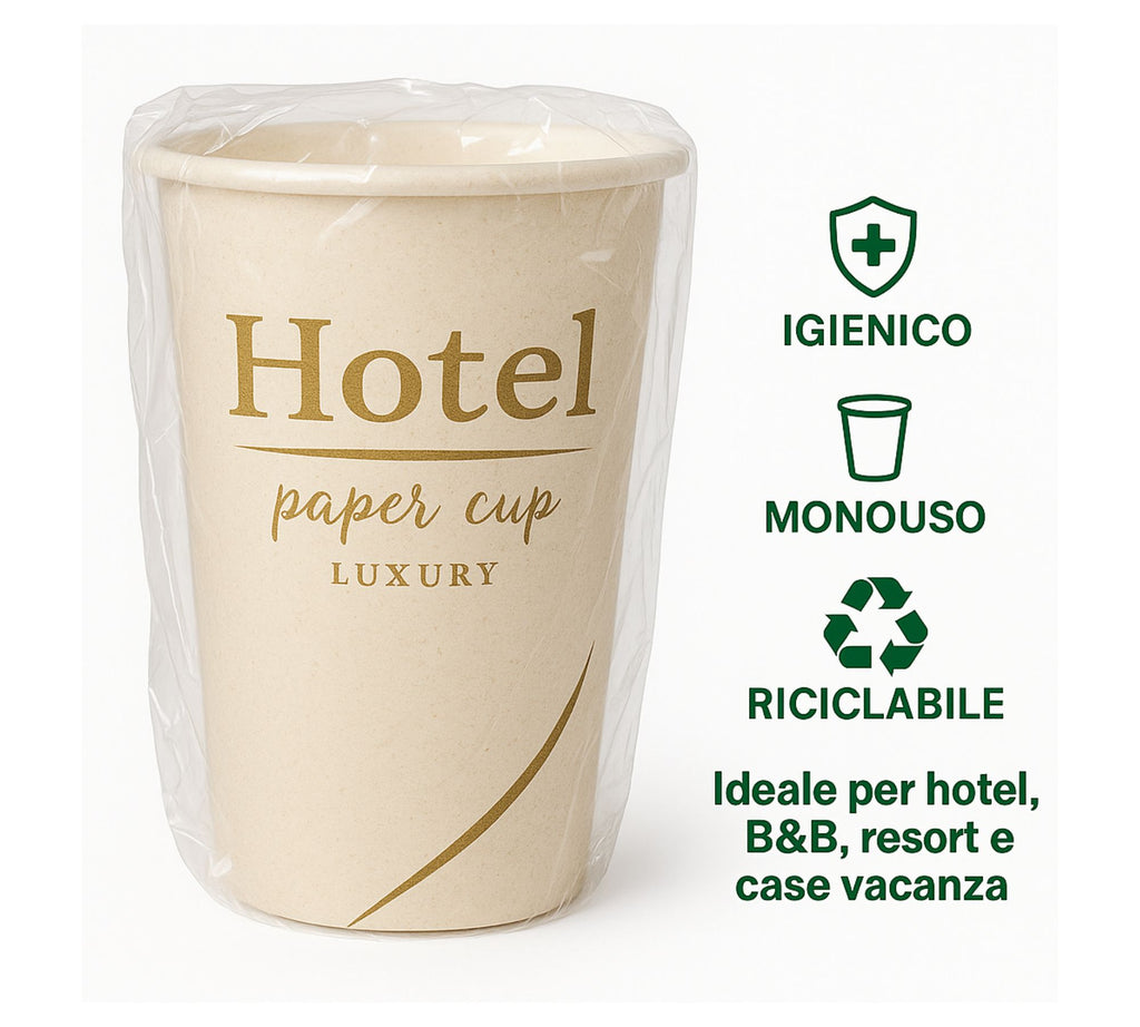 Bicchieri Monouso 200 ml In Carta PLastic free Imbustati Singolarmente Con Stampa Hotel