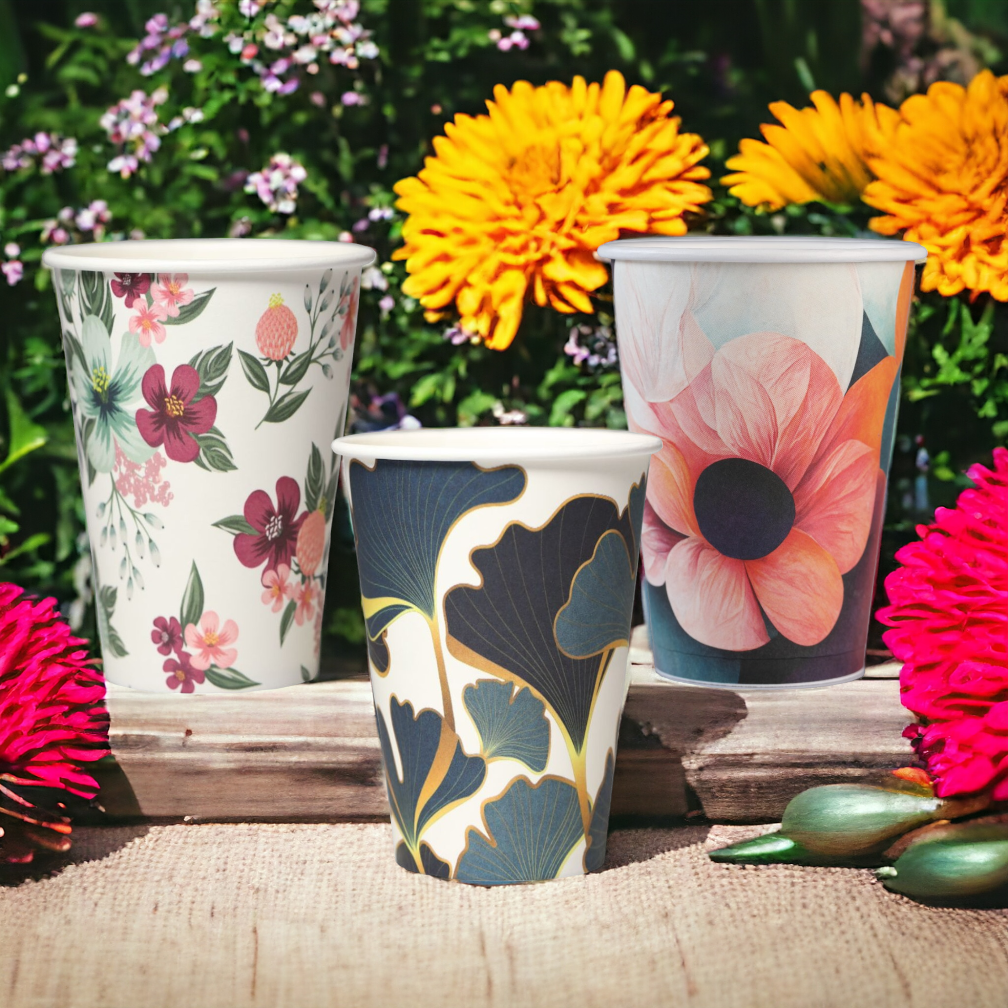 200ml Plastic-Free Paper Cups with Floral Prints