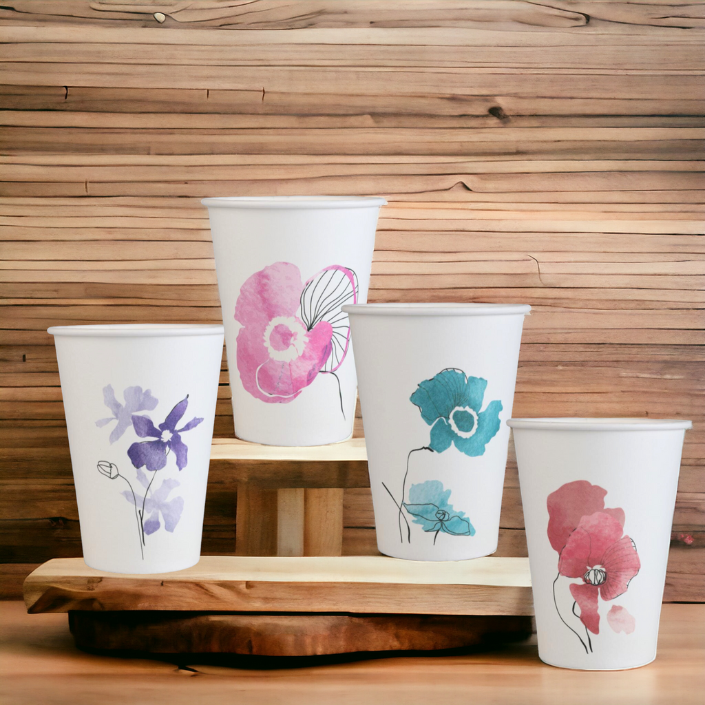 200ml Plastic-Free Paper Cups with Floral Prints