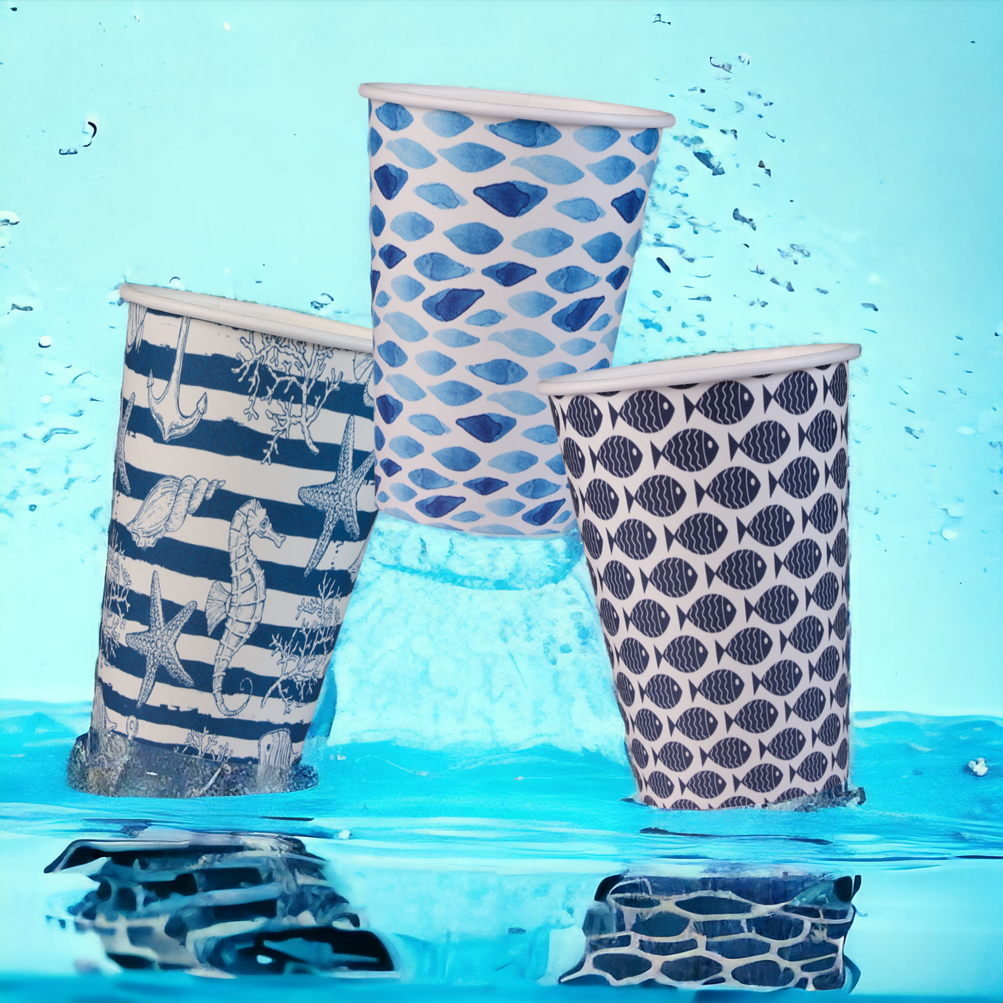 200ml plastic-free paper cups with fish and starfish prints